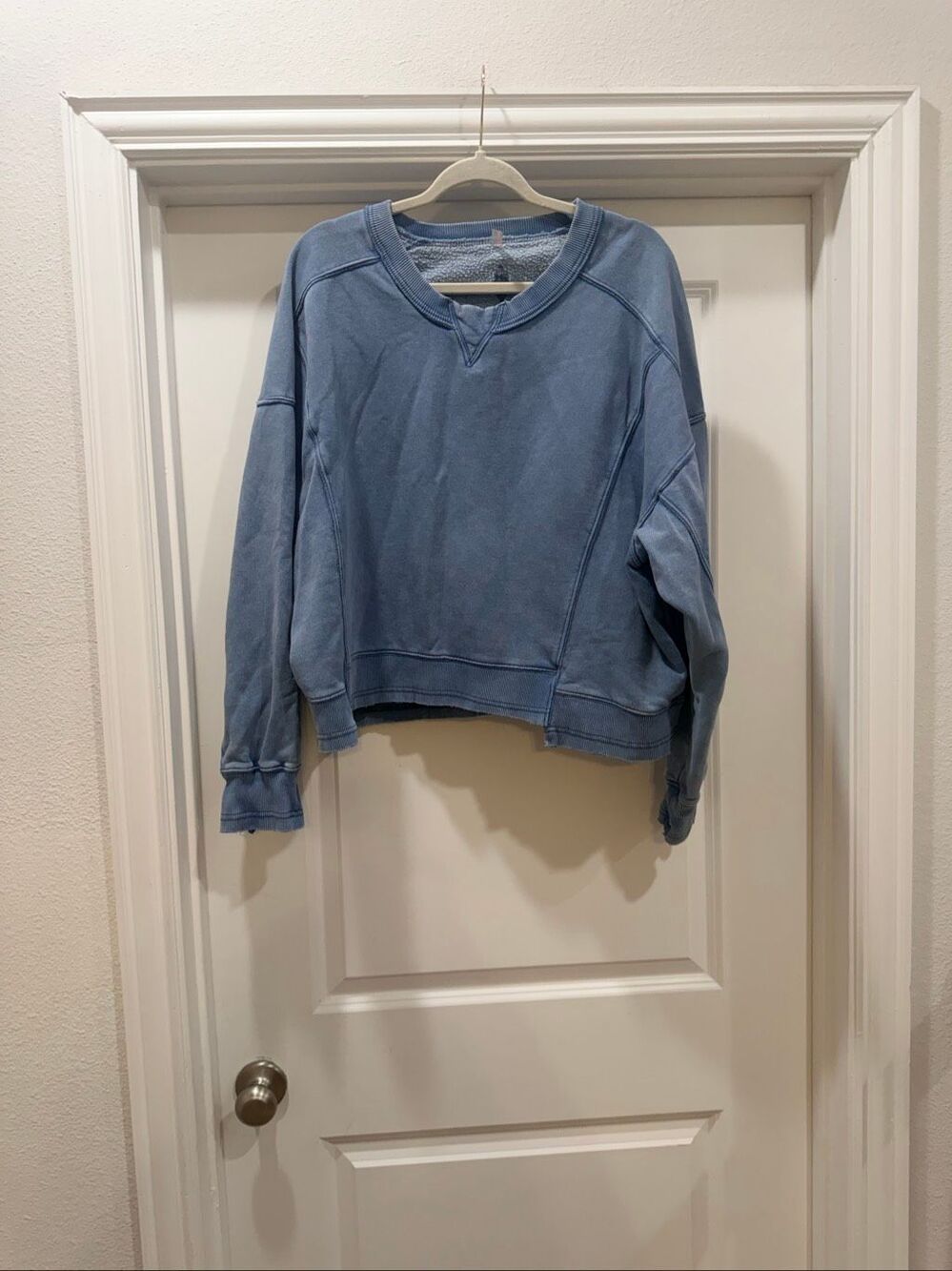 Free People Movement Women's Size XL Blue Pullover Distressed Hems Sweater Top